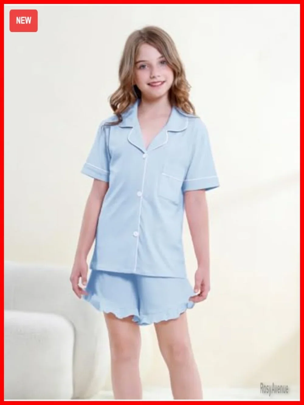 100% Cotton Button Down Pajama Set with Ruffled Shorts